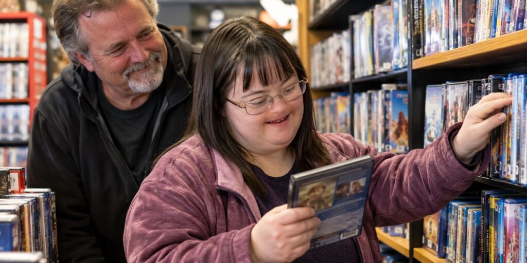 Christina browsing movies in a video rental store