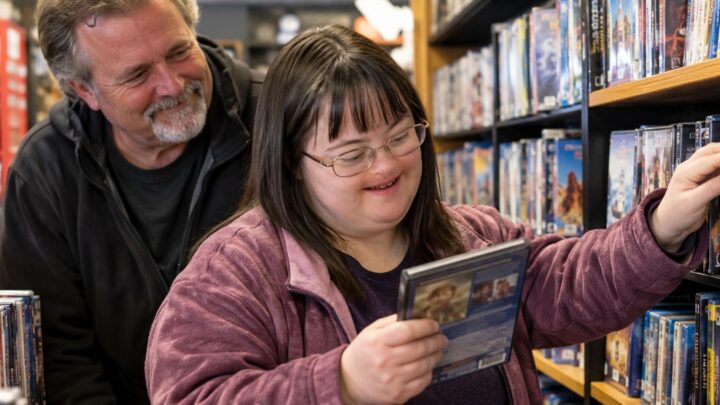 Christina browsing movies in a video rental store
